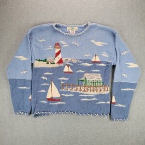 Orvis Nautical Scenic Sweater Womens Small Blue Lighthouse Sailboat Whipstitch